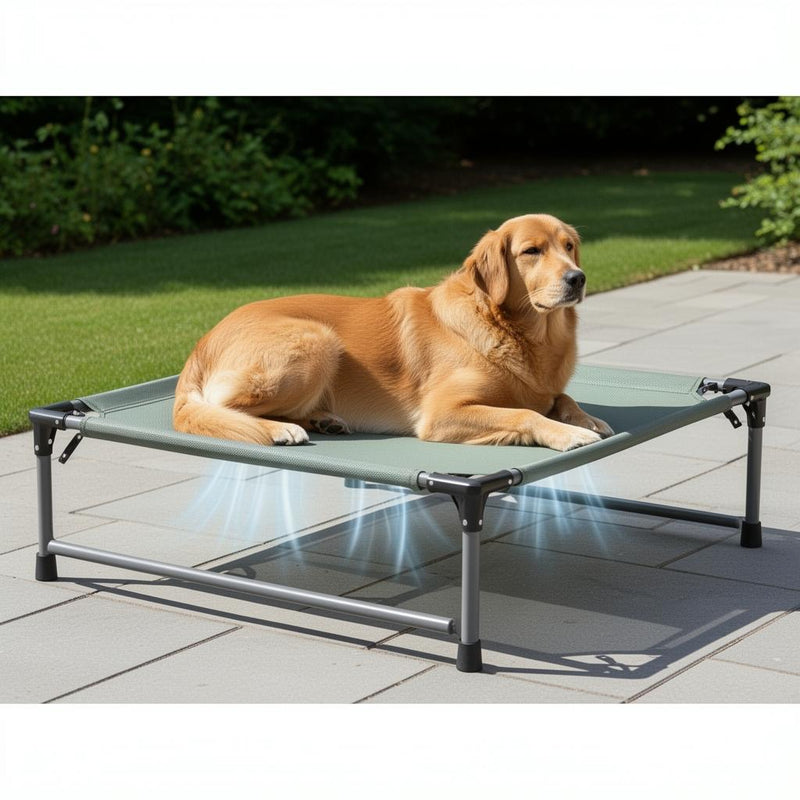 Elevated Cooling Dog Cot — dog lounging on raised mesh bed outdoors