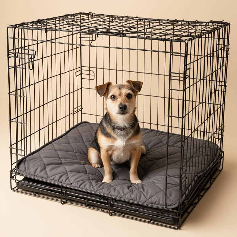 Waterproof Dog Crate Mat — dog sitting on quilted mat inside wire crate