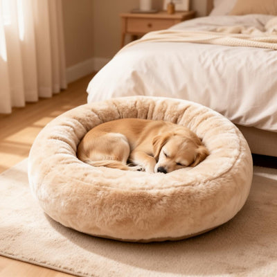 Calming Donut Dog Bed — puppy sleeping in plush round bed