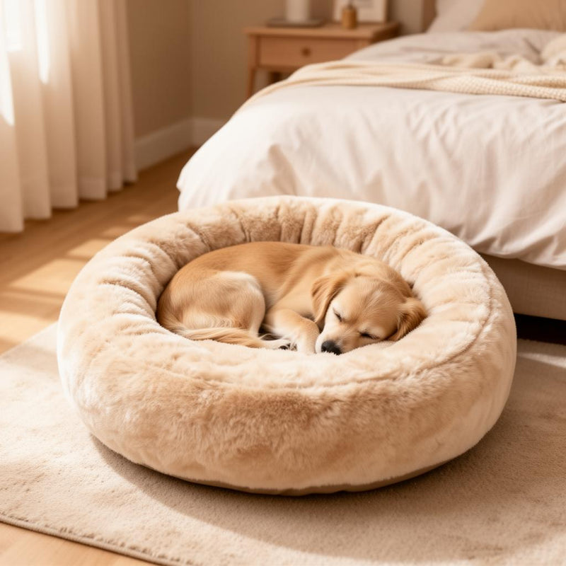 Calming Donut Dog Bed — puppy sleeping in plush round bed