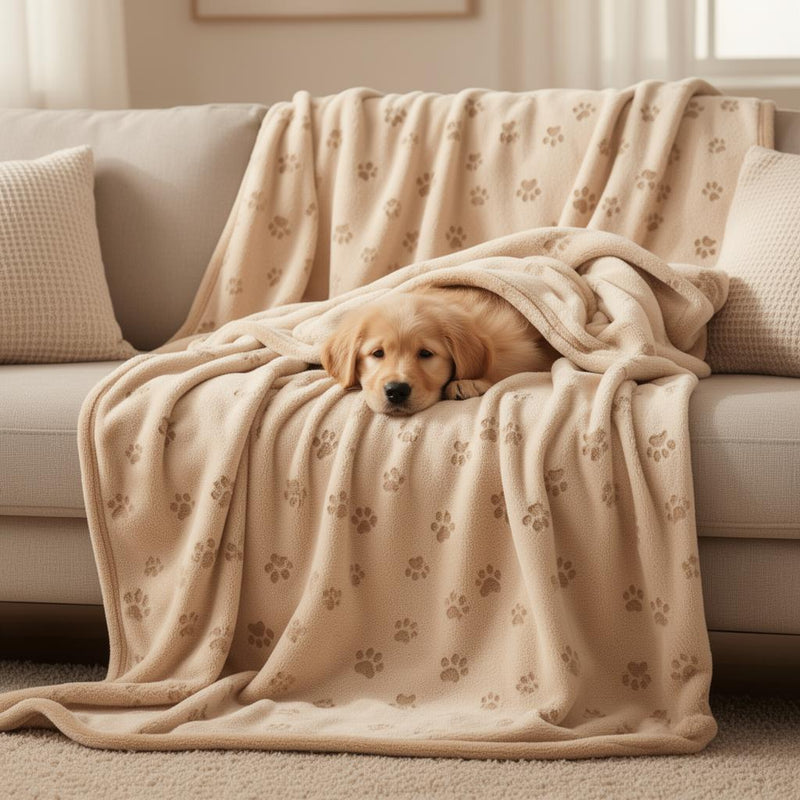 Cozy Fleece Dog Blanket — puppy snuggled under paw print blanket