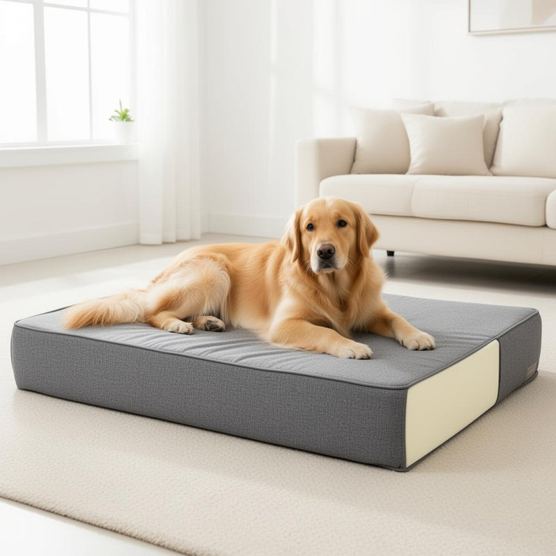 Orthopedic Memory Foam Dog Bed — golden retriever resting on grey memory foam bed